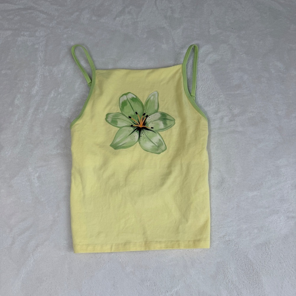 Glassons Lily Graphic Cami Top Woman's XS Yellow Green Strappy Back y2k